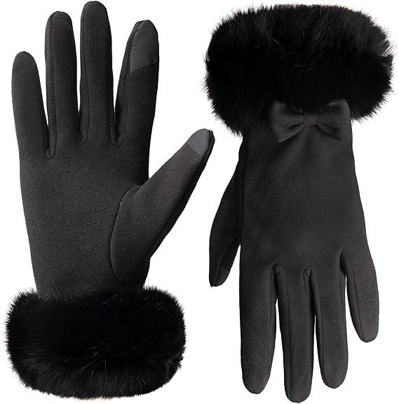 Women Touch Screen Gloves, Fleece Lined Winter Gloves for Ladies, Thermal Suede Gloves Fur Cuff for Girls Gifts, 2Packs