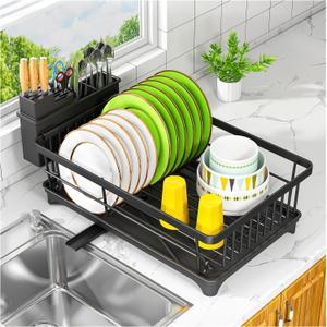 Kmiectse Dish Drying Rack - Space-Saving Small Dish Rack for Kitchen Counter, Rust-Resistant Kitchen Drying Rack, Compact Dish Drainer Organizer with Utensil Holder for Home Kitchen, Black
