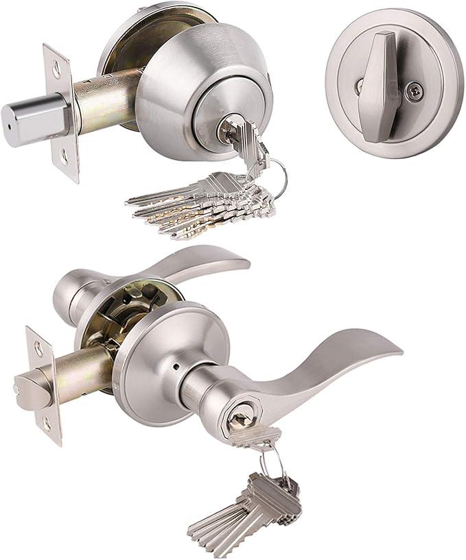Keyed Alike Front Door Lever Lockset with Single Cylinder Deadbolt Combination Set, Exterior Door Knob with Lock and Deadbolt, Satin Nickel Finished Door Lock (1pack)