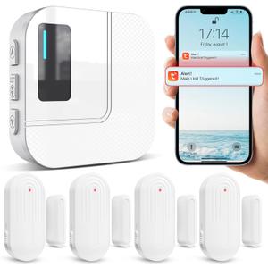 Door Chime,Sanjie WiFi Door Sensor Open Chime When Entering for Business/Home/Store/Office Alert Your Phone,Alarms for Kids Safety,500 FT Range,20 Ringtones ,4 Sensors 1 Receiver