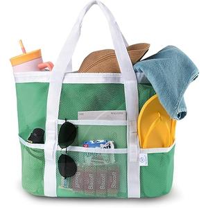 Genteen 40L Mesh Beach Bag, Foldable Sandproof Tote with Waterproof Pocket Quick Dry for Women Family Pool Vacation
