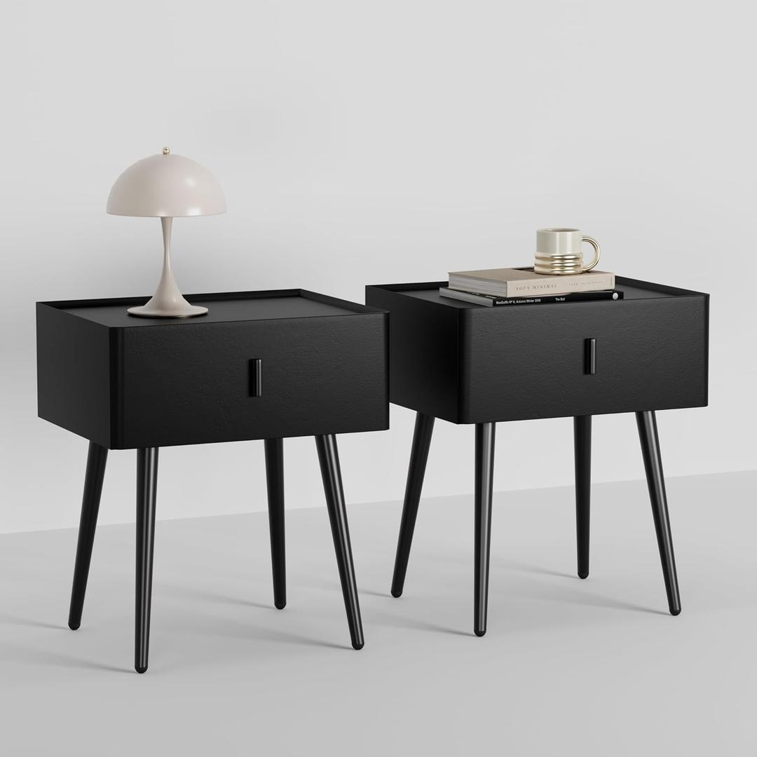 Nightstand Set of 2 with Single Drawer, Leather Side Table, Modern Bedside Table with Metal Legs for Bedroom, Small Accent End Table, Black