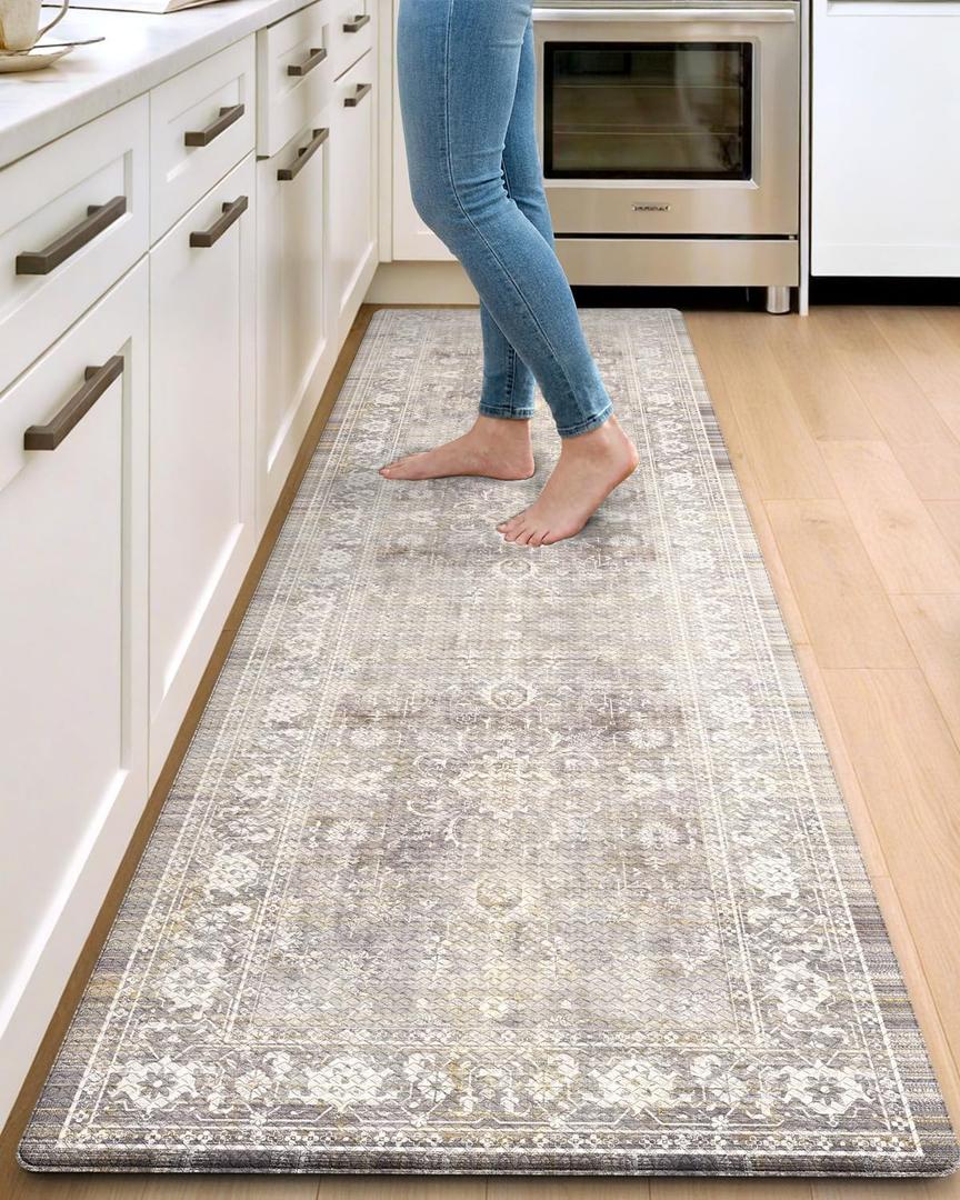 DEXI Kitchen Floor Mats Cushioned Anti Fatigue, 23x86 Long Wide Standing Comfort Runner Rug, Waterproof Retro Floral Memory Foam Padded for Front Sink Laundry, Beige Grey