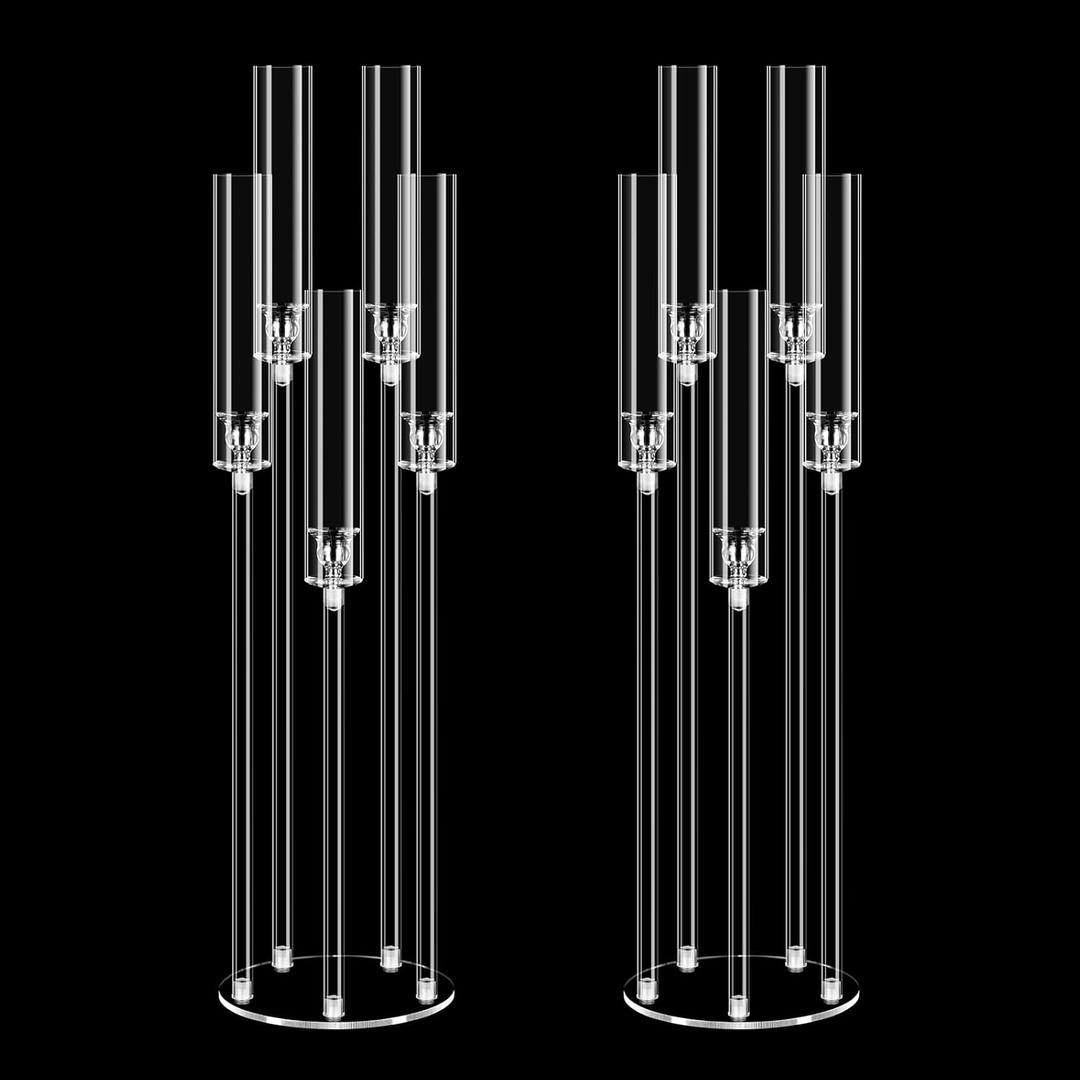2 Set 5 Arms 34.6'' Acrylic Candelabra Centerpieces for Wedding Table Decorations,Clear 5 Arms Candlesticks Holder with Acrylic Shade for Valentine's Day Dinner Party Fireplace Gift Fit LED Candle