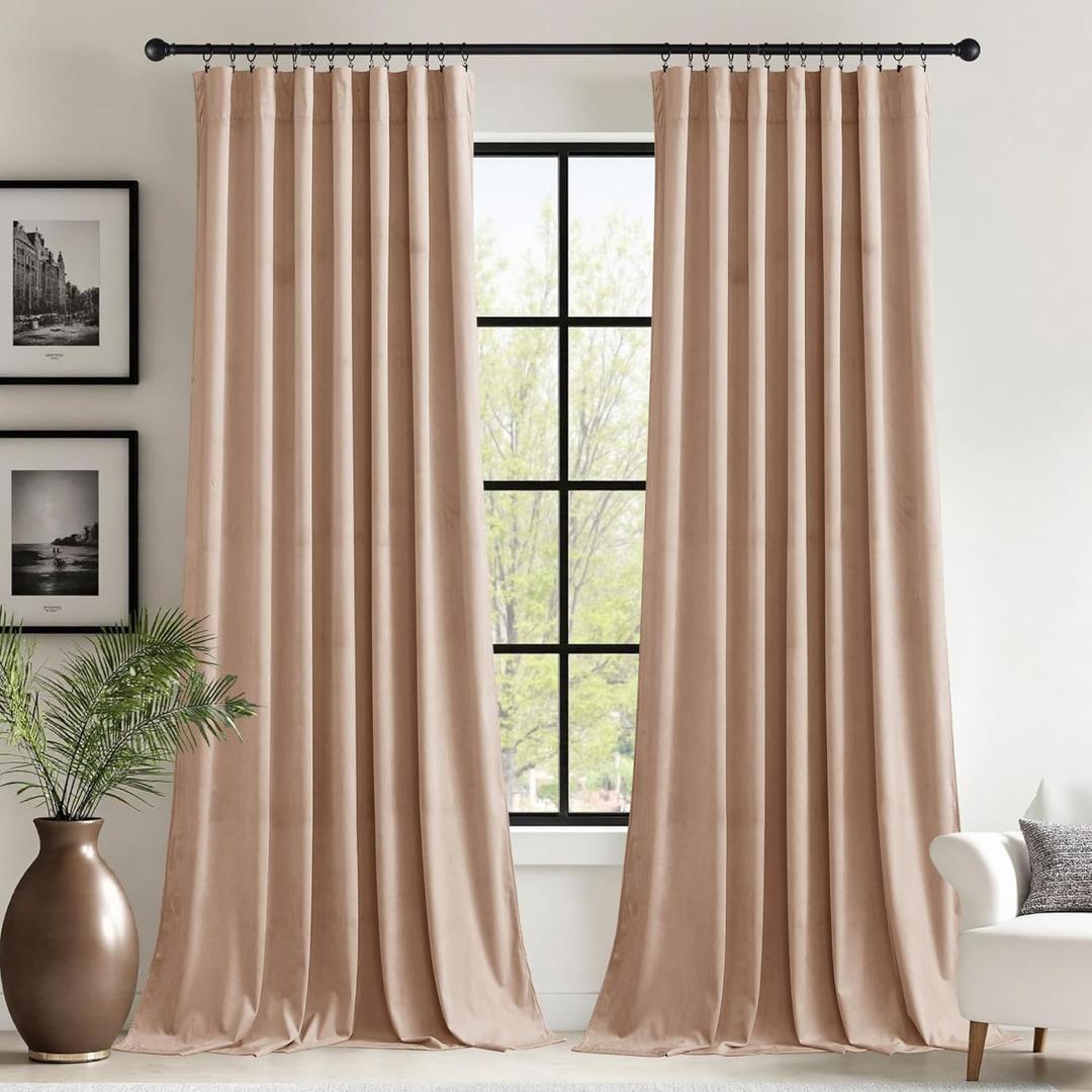 StangH Blush Beige Velvet Curtains for Nursery Girls Bedroom Room Darkening Thermal Insulated Privacy Window Drapes for Sliding Patio Door Living Room, W62 x L90, 2 Panels (62"W x 90"L (Pack of 2))