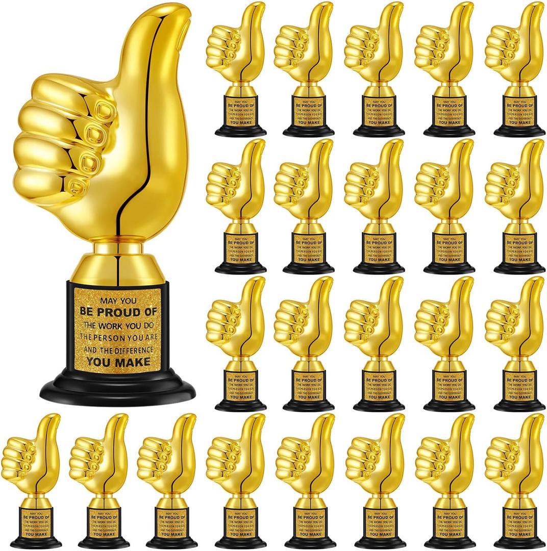 Highergo 24 Pcs Thumbs up Award Trophies 5 Inch Plastic Gold Trophy Cups Bulk for Staff or Adults Party Favors with Inspirational Stickers for Employee Reward Trophy Gifts
