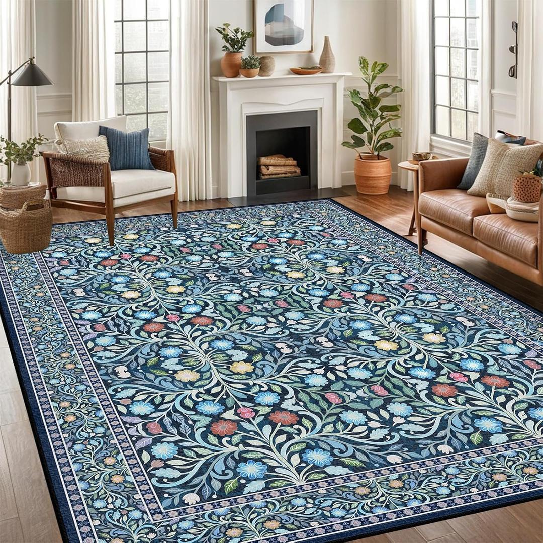 8x10 Area Rugs for Living Room, Washable Rug Floral Vintage Rugs for Bedroom Non Slip Low Pile Large Blue Boho Carpet Indoor Kitchen Dining Room Office Playroom Floor Mat