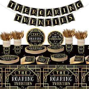 188 Pcs Roaring 1920's Party Tableware Set, 24 Guests Black and Gold Birthday Party Tablecloth Dinner Plates Dessert Plates Cups and Napkins for Speakeasy 1920s Vintage Wedding Party Supplies