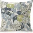 POMOTER French Flower Blue Grey Green Check Throw Pillow Cover,Traditional Checkered Decorative Pillow Cases Cotton Linen Square Cushion Covers for Sofa Couch,20"x20"