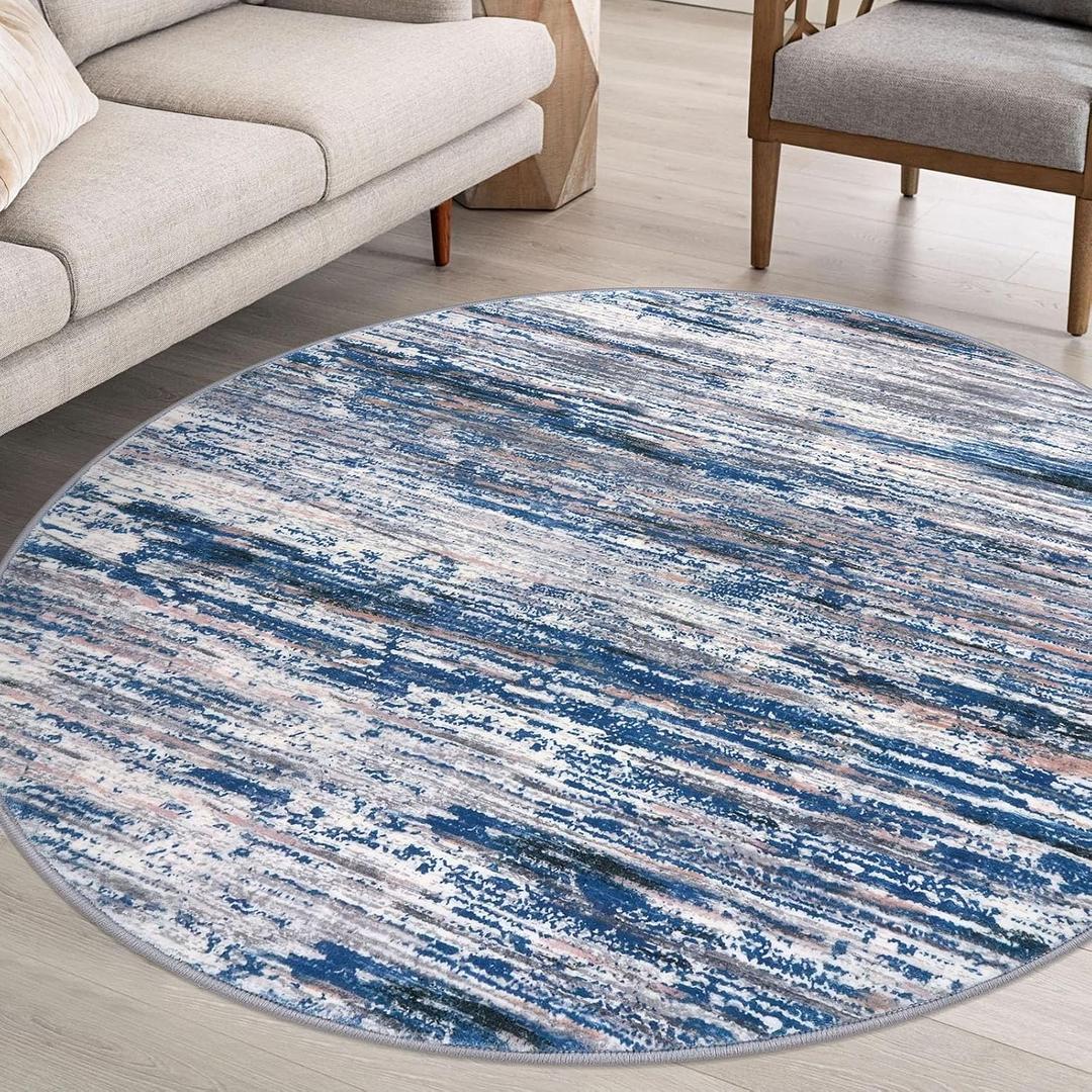 SIILOOM 6' Round Rug Washable Rug for Entryway, Navy Blue Gray Neutral Multi Soft Non-Slip Area Rugs Modern Abstract Low-Pile Carpet, Neutral Vintage Circle Rugs for Living Room Dining Bedroom Foyer
