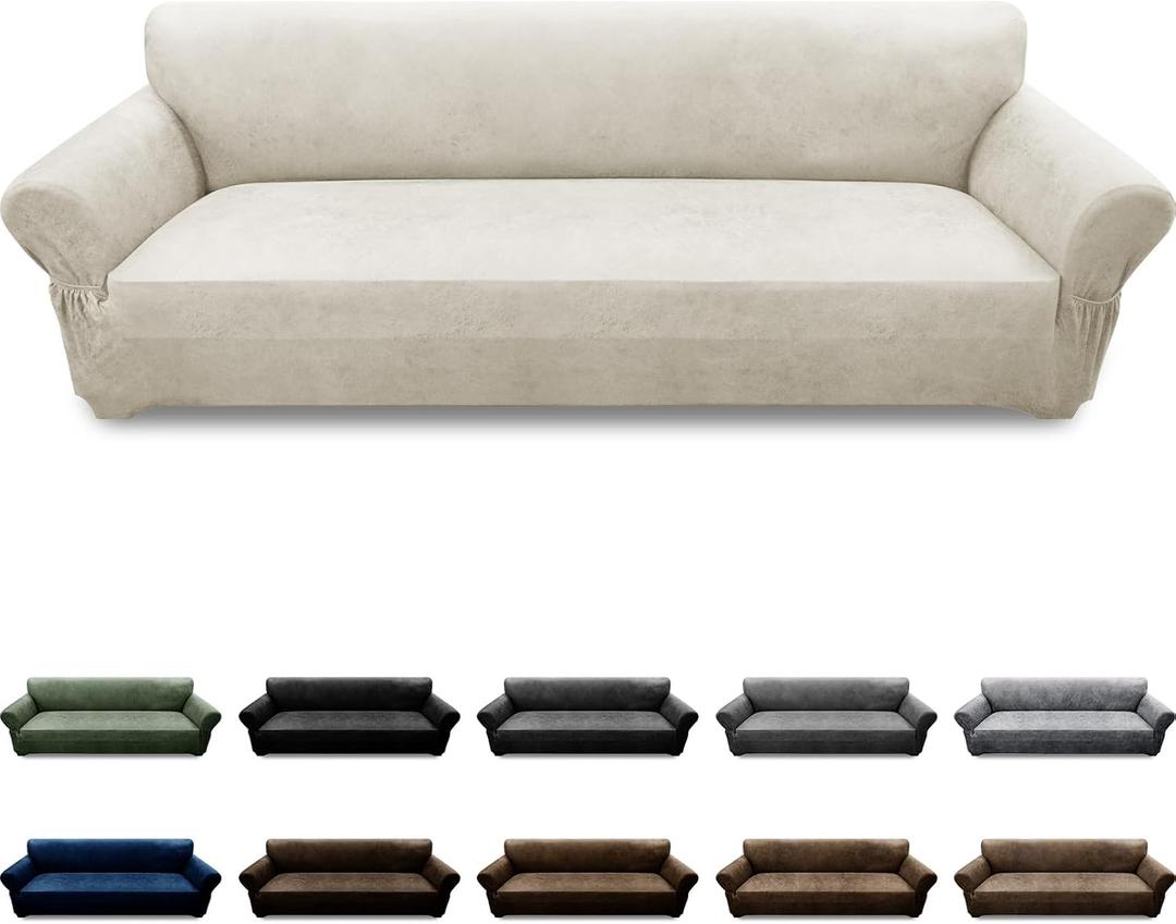 Pfrstuv Couch Cover 8-Pieces Sofa Covers Washable Recliner Sofa Covers 3 Seater Leather Look Recliner Slipcovers with Pockets Spandex Fabric Furniture Covers(Recliner Sofa, Beige)