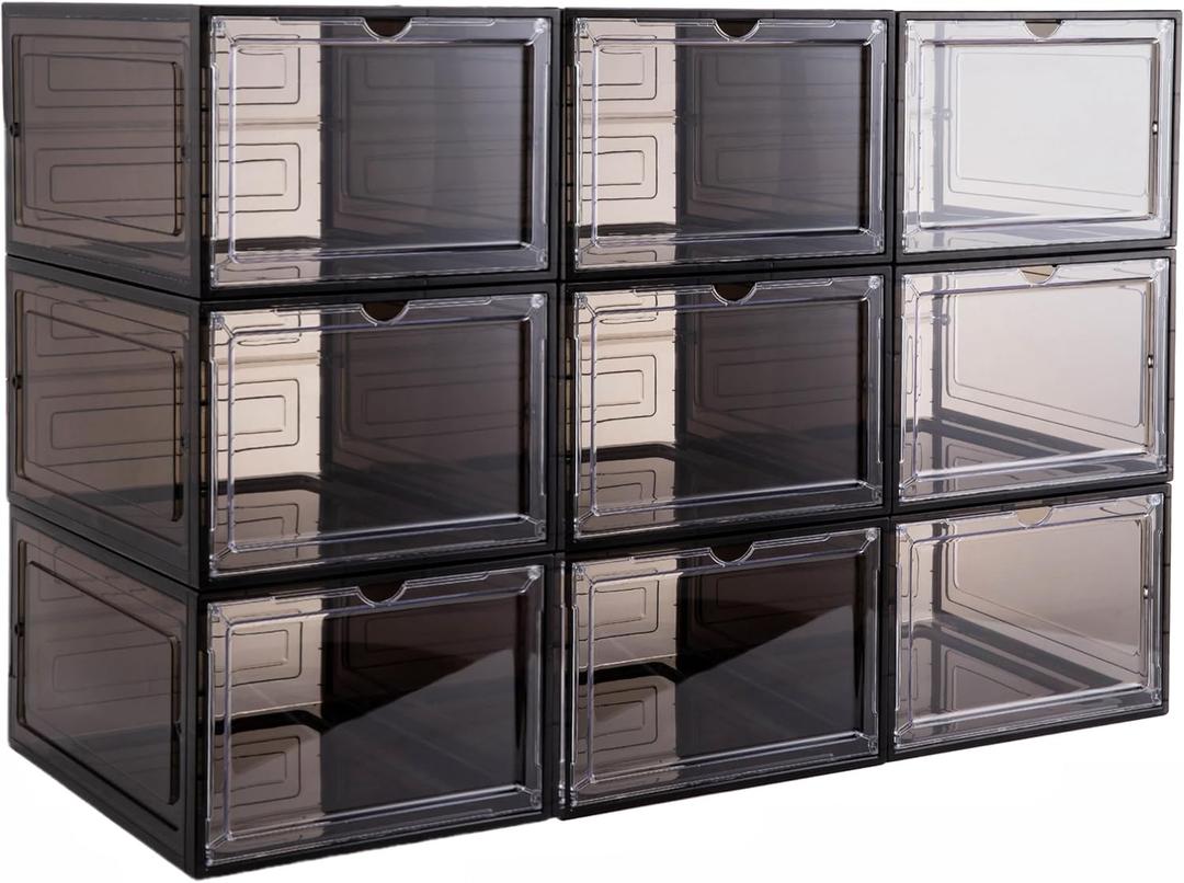 Attelite X-Large Clear Plastic Shoe Boxes - Stackable Shoe Organizer with Magnetic Door, Drop Front Display Box (9 Pack, Clear Black)