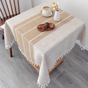 Waterproof Cotton Linen Washable Tablecloth Farmhouse Wrinkle Free Square Burlap Table Cloths 52x52 Inch Coffee Heavy Weight Table Cover with Tassels for Kitchen Dinning Party Holiday