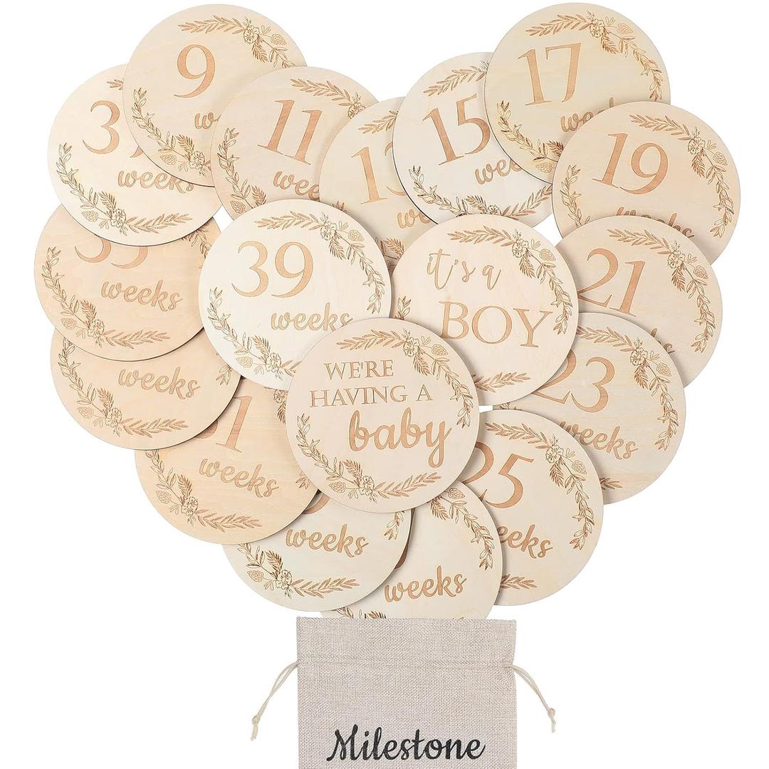 19 Pieces Pregnancy Milestone Signs Weekly Baby Bump Tracker 4.7" Milestone Cards Wooden Discs Double Sided Pregnancy Weekly Signs Neutral Baby Announcement Cards with Bag for Pregnant Moms