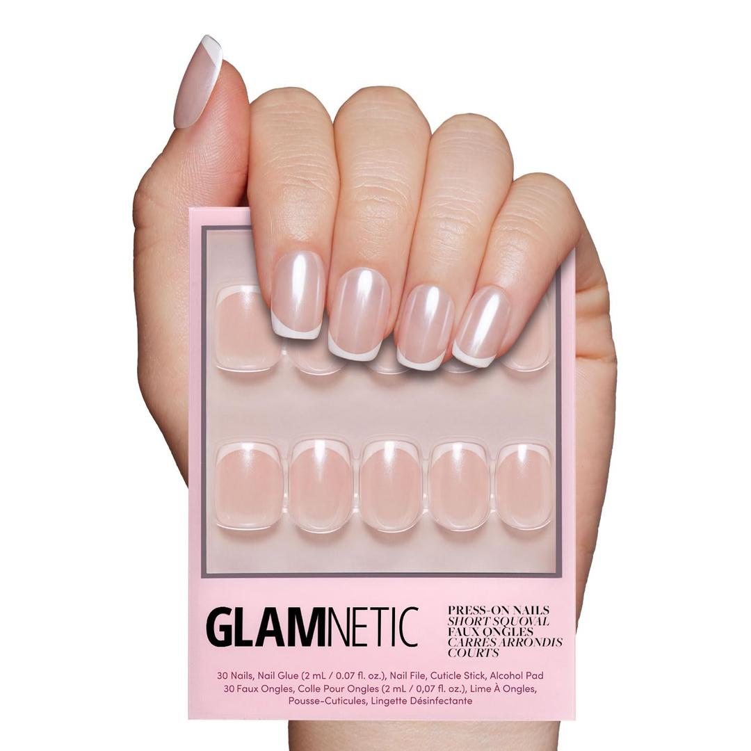 Glamnetic Press On Nails - La Perle | Semi-Transparent Squoval French Tip Nails, Salon Quality | 15 Sizes - 30 Nail Kit with Glue