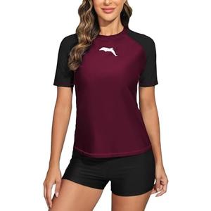 Halcurt Women's Short Sleeve Swim Shirt Rash Guard Swimsuit Top Only UPF50+ Sun Protection Bathing Suit L