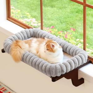 Zakkart SnugCloud Cat Window Perch with 4-Sided Bolster - Large Cat Hammock for Window Sill - Solid Hardwood & Metal Frame - Window Seat for Pets (Dark Stained Wood w/Gray Bed, Large)
