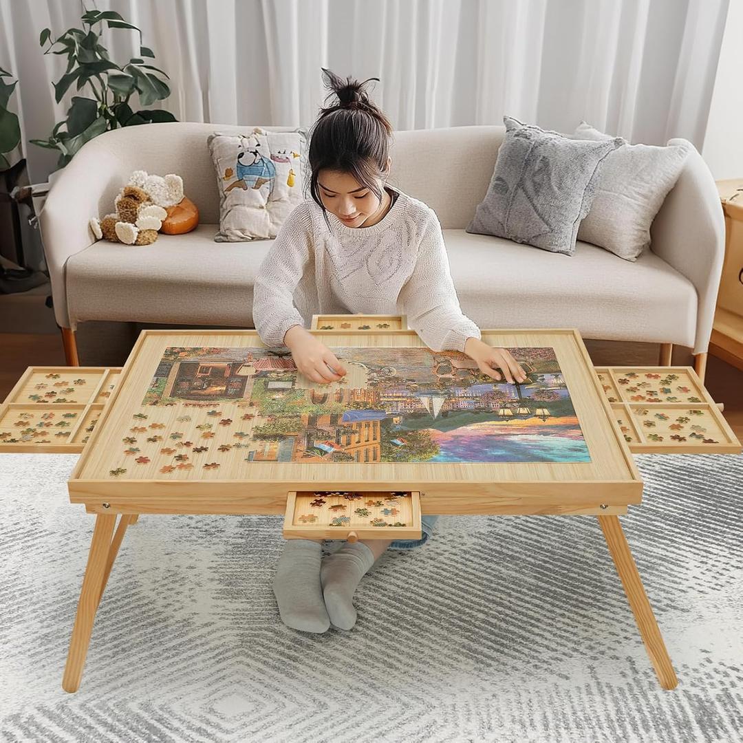 Puzzle Table 1500 Pieces Wooden Puzzle Board with Legs, 34.3x 26.5 Jigsaw Board with 4 Drawers and Cover, Foldable Leg Jigsaw Table for Adults Natural