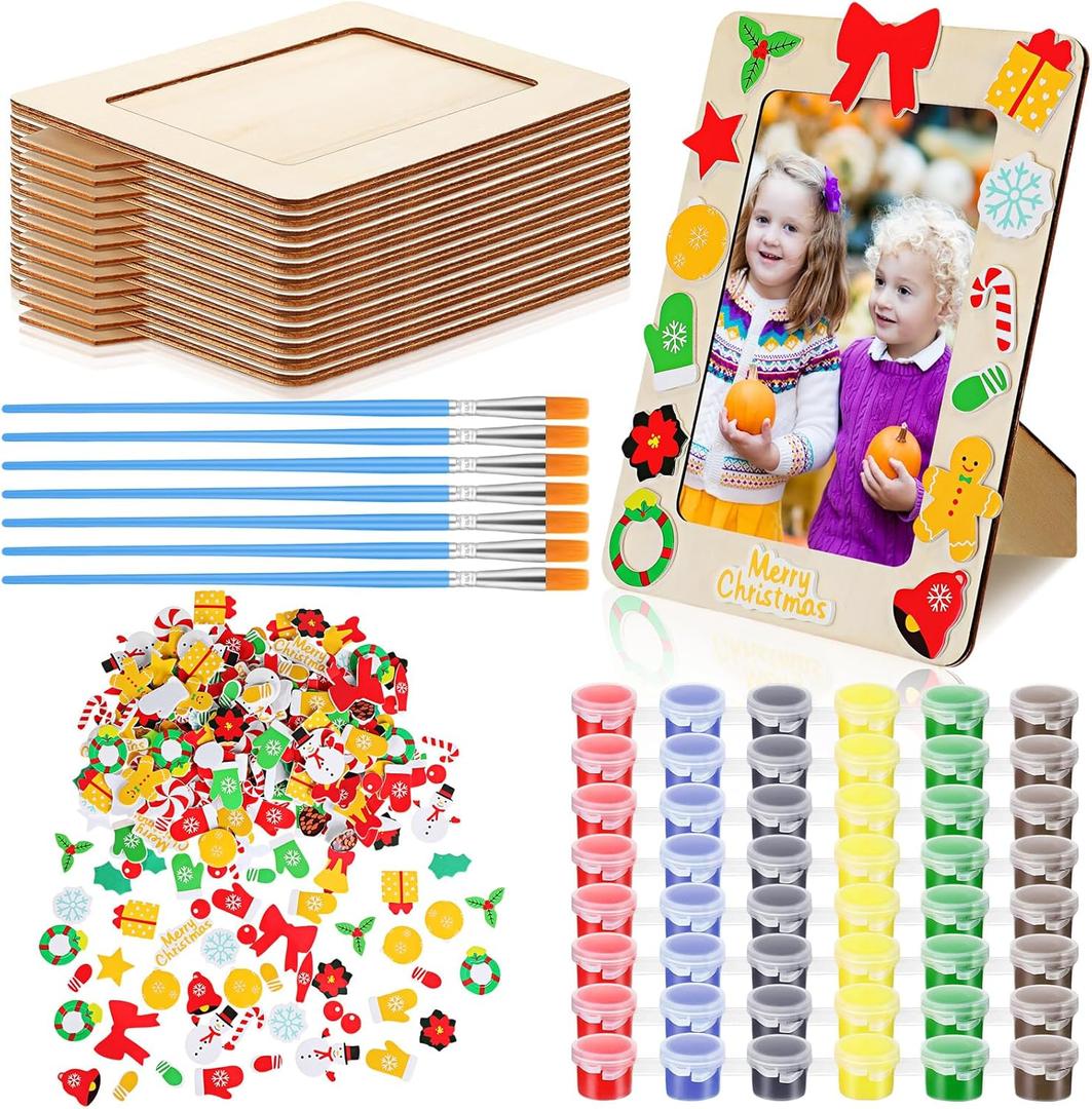 Cholemy 25 Pcs Christmas DIY Picture Frames Crafts Wooden DIY Photo Frame with Xmas Stickers and Acrylic Paints for School Game Home Classroom Activities Party Decorations