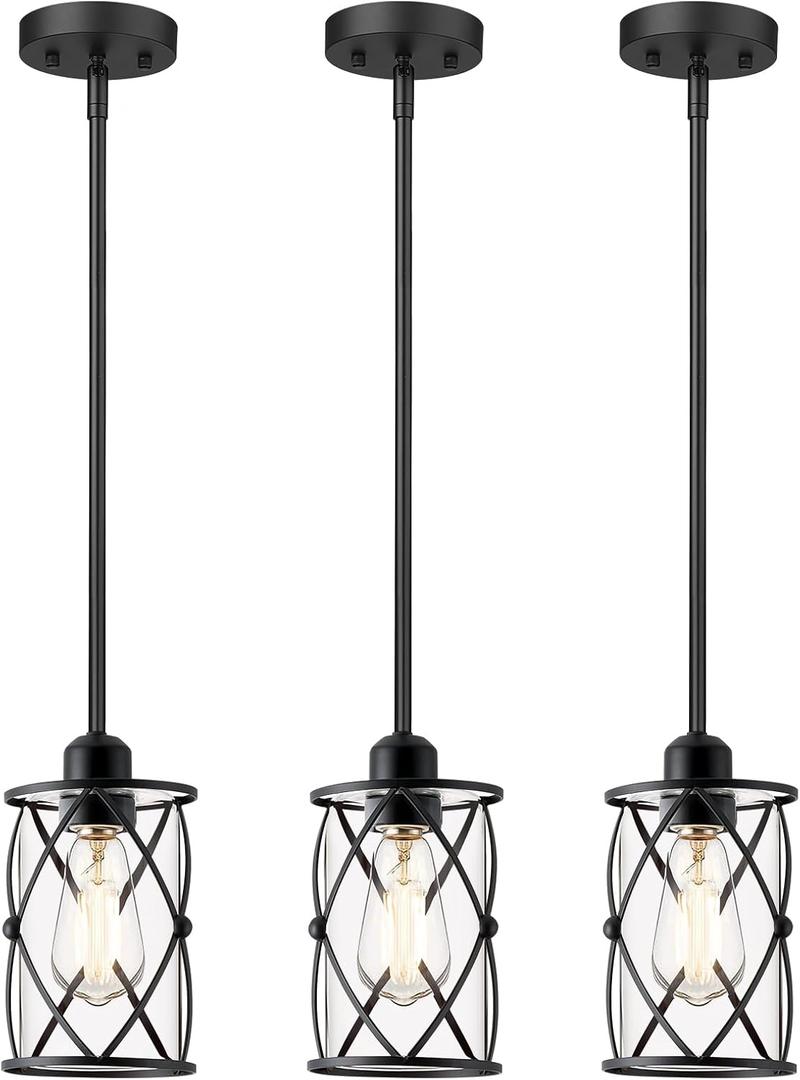 Osimir Glass Pendant Lights Kitchen Island 3 Pack, Black Kitchen Pendant Lighting Over Island with Rod, Modern Mini Hanging Light for Sink Dining Room, CH9176BK-3PK