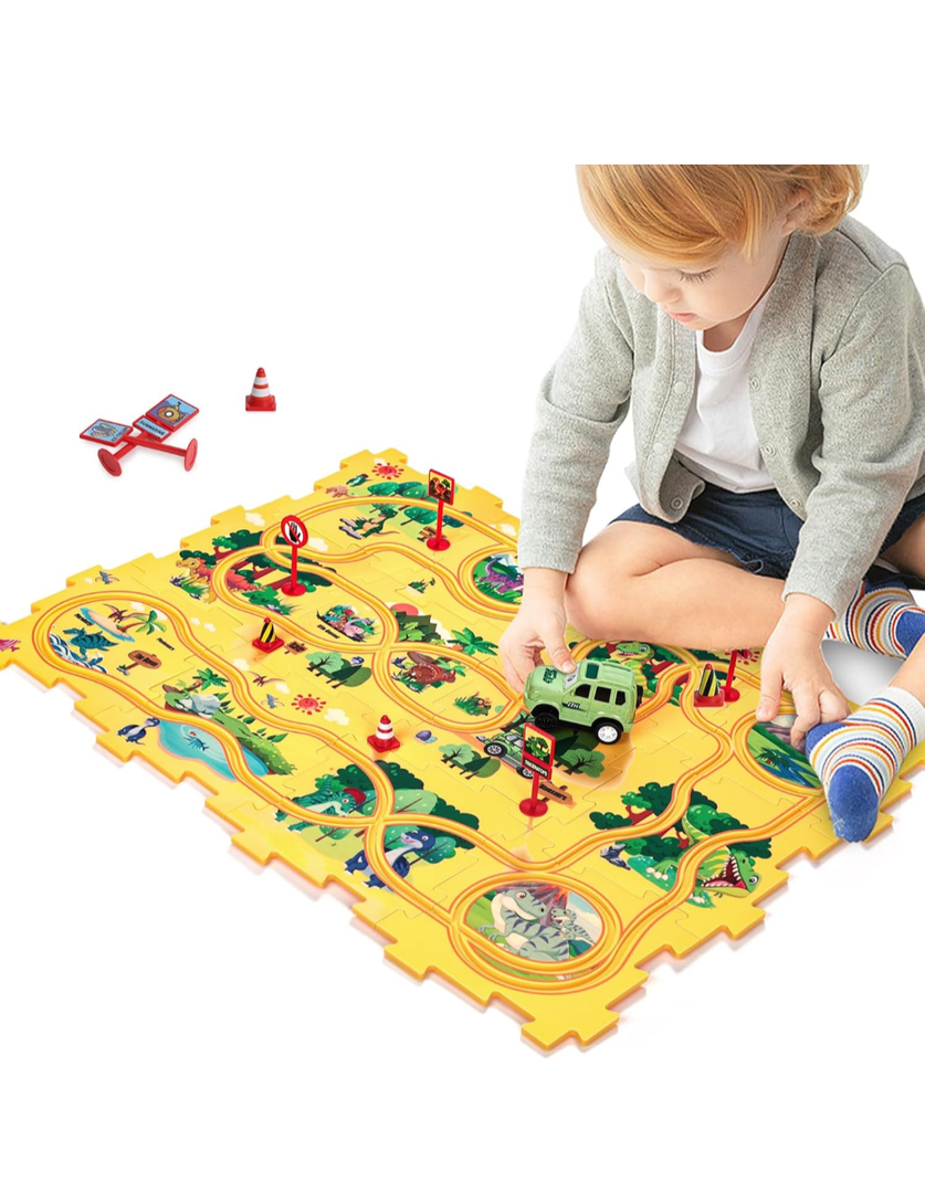 LovesTown 25PCS Puzzle Racer Car Track Set, Plastic Floor Dinosaur Puzzles for Kids with Car Toy, Jigsaw Puzzle Race Track Toys, Educational Learning Games for Boys