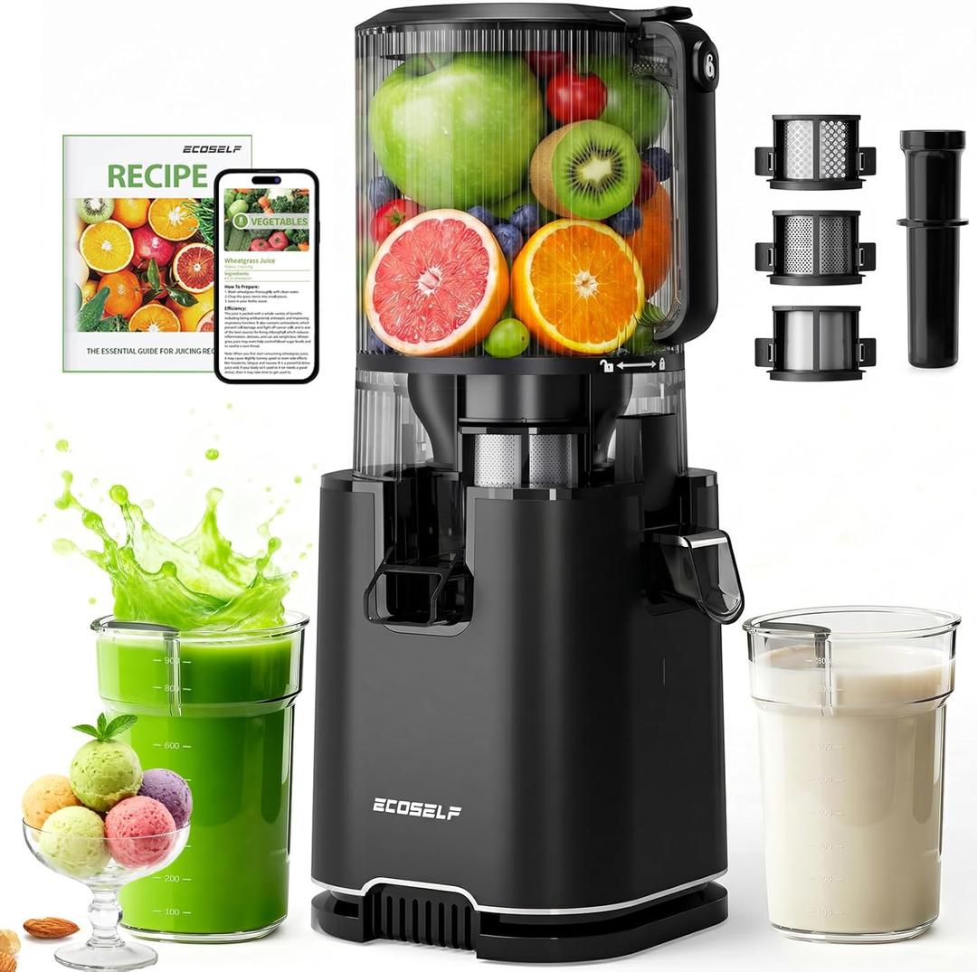 ECOSELF 3-in-1 Juicer Machines with 3 Filters (For Juice/Sorbet/Nut Milk), Slow Masticating Juicer With Wide Mouth Hopper For Vegetables & Fruits, Large Capacity, Juicer for Family (With Pusher) (Premium Black)