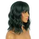 Dark Green Short Bob Wigs with Bangs for Women Loose Wavy Wig Curly Wavy Shoulder Length Bob Synthetic Cosplay Wig for Girl Colorful Costume Wigs