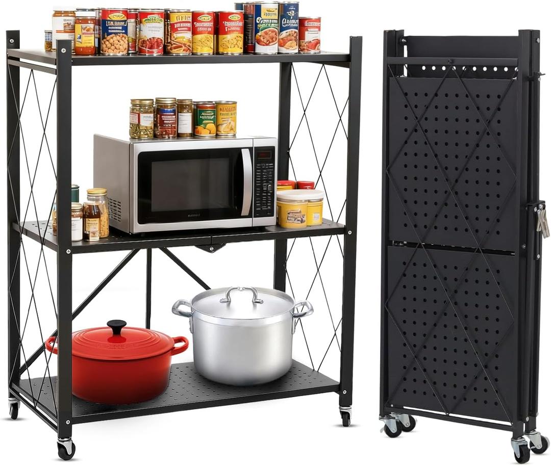 COKIHOM 3-Tier Folding Shelf, No Assembly Metal Shelving Unit with Wheels, Heavy Duty Folding Bookshelf, Space Saving Foldable Storage Shelf for Kitchen, Books, Pantry, Bathroom Organization