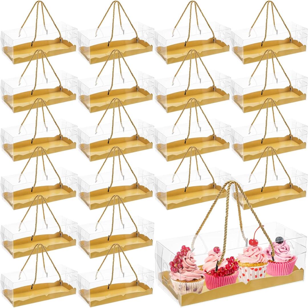 Okllen 20 Pack Clear Roll Cake Boxes with Portable Handles, Rectangle Bakery Cake Boxes, Pumpkin Swiss Roll Containers