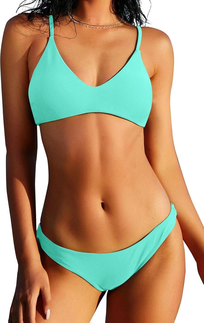 ZAFUL Women's Solid Spaghetti Strap Bralette Bikini Set Two Piece Swimsuit (Medium, 1-blue&green)