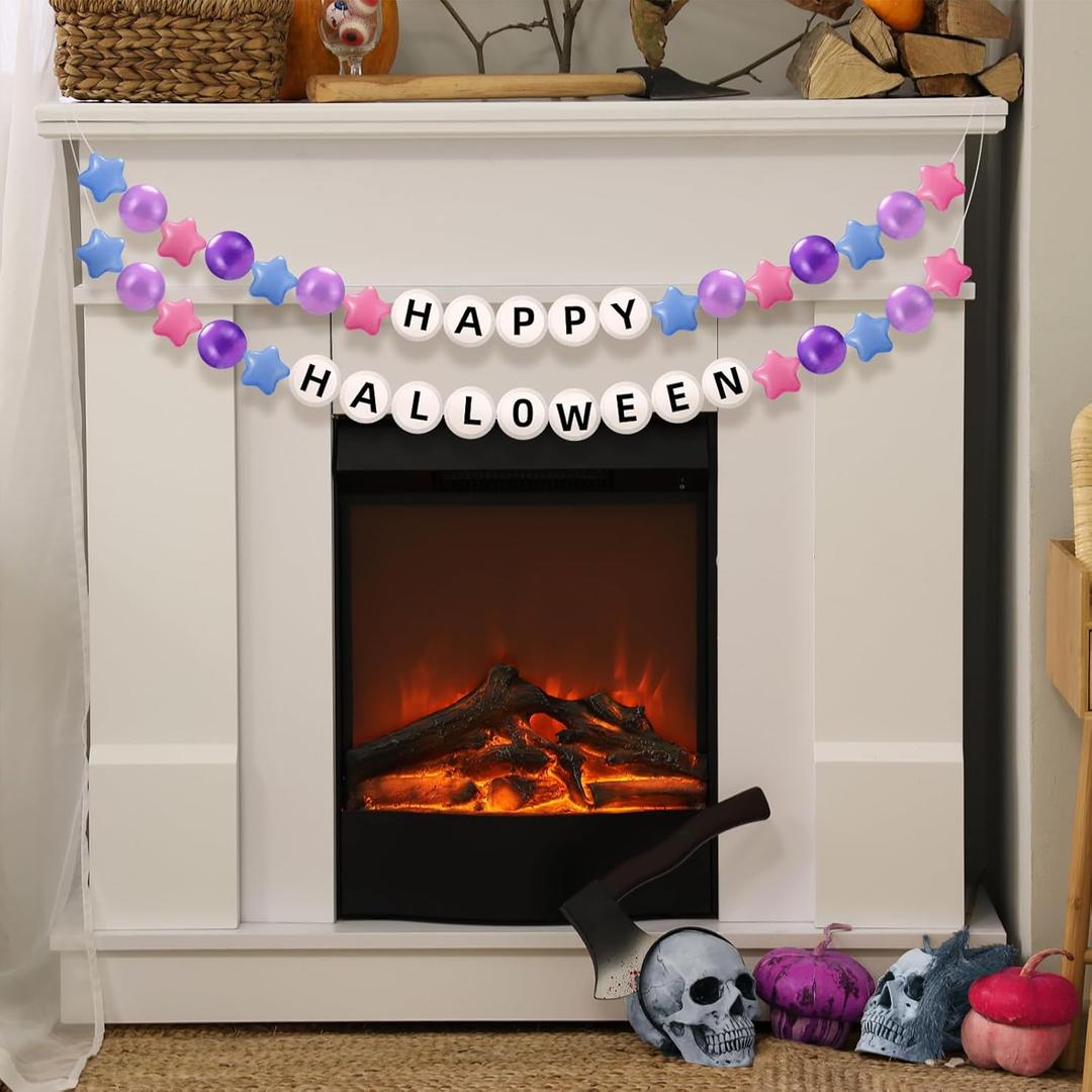 Halloween Giant Friendship Bracelet Garland Jumbo Happy Halloween Banner with Foam Circles Plastic Balls for Birthday Party Decorations Supplies Indoor Outdoor(Blue and Purple)