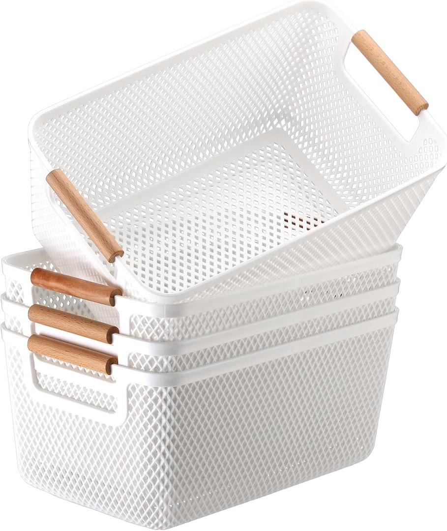 Tioncy 4 Pcs White Mesh Baskets with Wooden Handles Plastic Storage Organizer Baskets Pantry Basket Fruit Vegetables Gathering Basket Bin for Organizing Cabinet Closet Bedroom Kitchen(Medium)