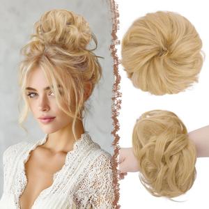 FESHFEN Large Messy Bun Hair Piece - Wavy Synthetic Chignon Scrunchies Elastic Ponytail Hair Extensions Thick Hairpieces for Women, Champagne Blonde 1.94oz