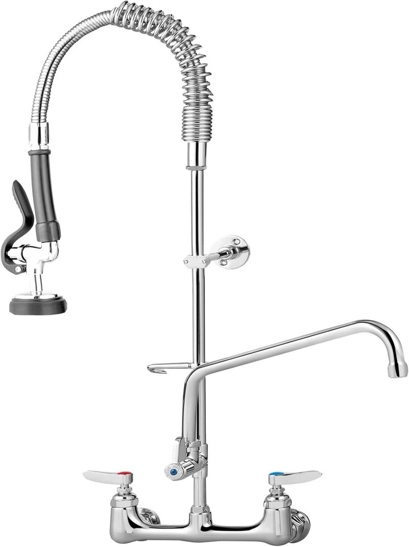 VEVOR Commercial Faucet with Pre-Rinse Sprayer, 8" Adjustable Center Wall Mount Kitchen Faucet with 12" Swivel Spout, 43" Height Compartment Sink Faucet for Industrial Restaurant, Lead-Free Brass