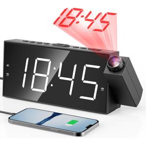 Mesqool Digital Projector Alarm Clocks for Kids Bedroom,Plug-in Clock with 180 Projection on Ceiling Wall,Dual Alarms for Heavy Sleepers,Battery Backup,USB Charging Port,Easy-to-Set,Dimmer,Snooze (White Digits; Red Projection)