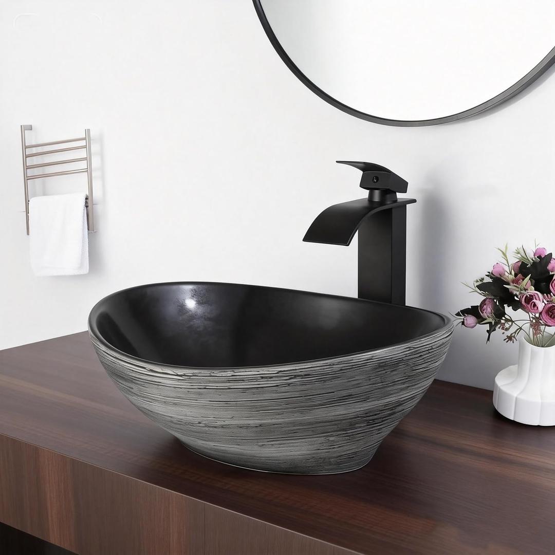16"x14" Oval Vessel Sink with Waterfall Faucet and Pop-up Drain Bathroom Sinks Ceramic Above Counter Bowl Sink Balck Bathroom Sink, 15.6 inch x13.4 inchx5.8 inch