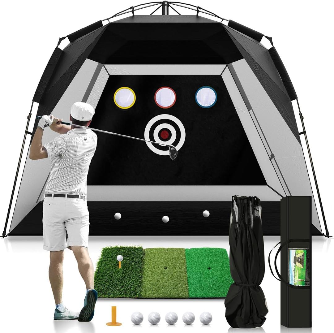 Foldable Golf Net 10x7FT: Easy POP UP Golf Hitting Net with Tri-Turf Mat - All in 1 Home Golf Practice Nets for Backyard Driving Chipping Swing Training with Travel Bag - Christmas Ideal Gift for Men