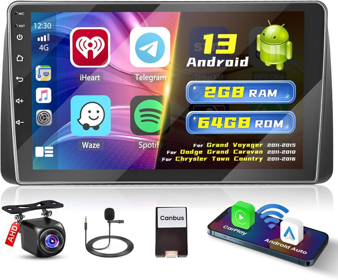 [2+64G]Hikity Android 13 Car Stereo for Dodge Grand Caravan11-20/Grand Voyager11-15/Chrysler Town & Country11-16, 9'' Touchscreen Radio wireless CarPlay Android Auto GPS Mirror Link SWC Backup Cam BT