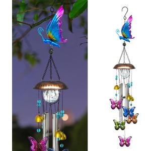 Solar Wind Chimes for Outside, 33.5 Inch Butterfly Wind Chimes Outdoors with Crackled Glass Ball Decorative Hanging in Garden, Yard, Patio