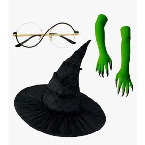 Halloween Witch Costume Set – Witch Hat, Green Claw Gloves & Glasses – 4pcs Dress-Up Kit for Cosplay & Party Fun