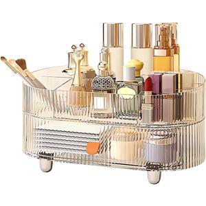 DASITON Makeup Organizer with Drawer,6 Slots Stackable Makeup Brush Holder,Skincare and Cosmetic Organizer for Bathroom Vanity Countertop Makeup Storage for Cosmetics,Brushes,Lipstick and Jewelry (1 Tray + 1 Drawer, Clear)