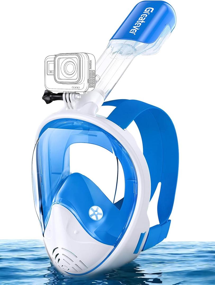 Greatever Full Face Snorkel Mask, Snorkeling Gear for Adults with Latest Dry Top Breathing System and Detachable Camera Mount, Foldable Snorkel Mask Adult, Snorkels Anti-Fog & Anti-Leak (Small-Medium, White Blue)
