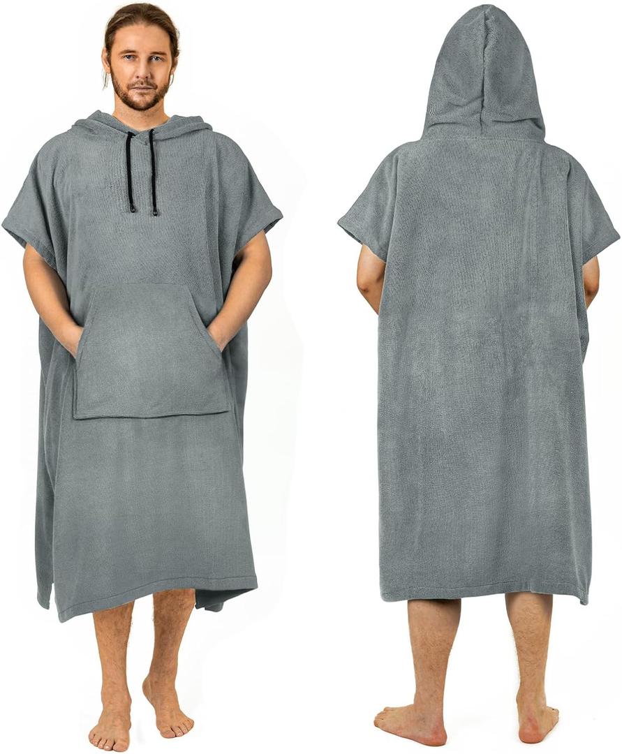 Surf Poncho Changing Robe Extra Large Thick Towel Poncho for Men Women with Hood Pocket for Beach Swimming, 47"x37", Gray