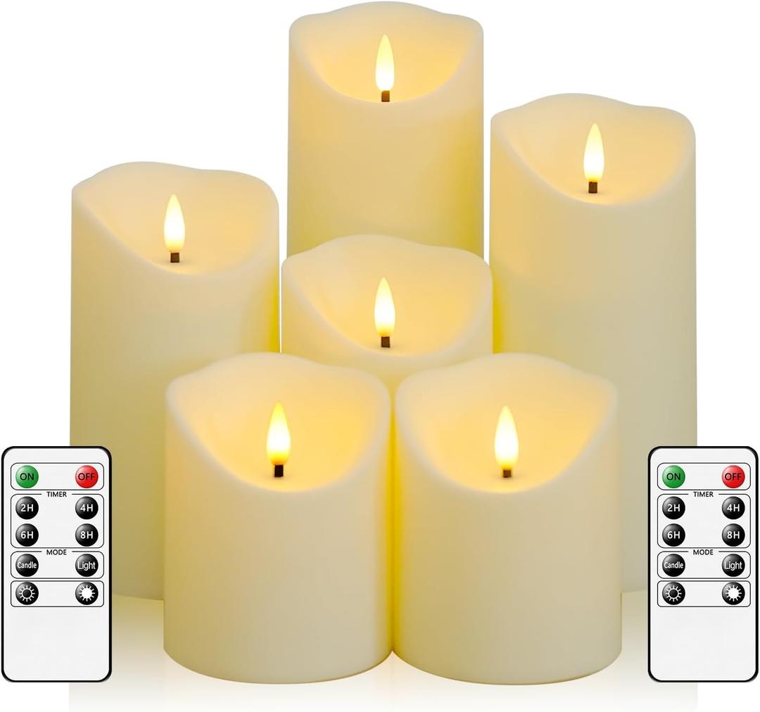 Fo32won Flameless Flickering Candles with Remote Timer, Set of 6 Ivory Led Battery Operated Candles for Home Decor Xmas Halloween (D3 x H3 3" 4" 5" 6" 7")