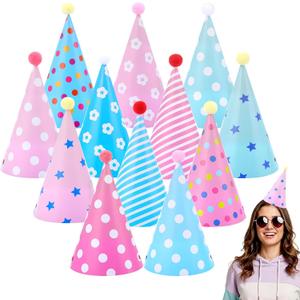 24 Pcs Party Hats with Pom Poms Birthday Cone Hats for Adults Colorful Pastel Paper Birthday Photo Props Headwear Decorations for Celebration Bridal Wedding Party Supplies