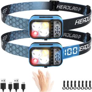 DARKDAWN 5 Modes Head Light Flashlight,Headlamp Rechargeable LED, USB C Headband Flashlight with Motion SensorDigital Power DisplayUp/Down Adjustable, for Camping, Car Repairing, 2PCS Pack