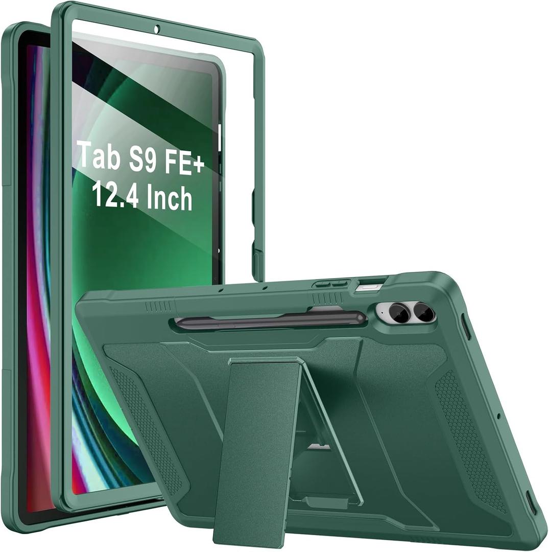 Soke Case for Samsung Galaxy Tab S9 Plus/S9 FE+ 2023, with Built-in Screen Protector & Kickstand, Rugged Full Body Protective Cover for Galaxy Tablet 12.4 Inch,Midnight Green