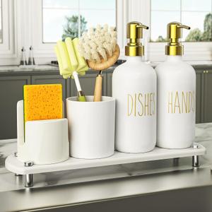 Cisily Kitchen Soap Dispenser Set Comes with Ceramics Sponge Holder, Gold Pumps, and Instant Dry Tray, Hand and Dish Soap Dispenser Set (5, Gold + White + Brush Holder + Sponge Holder)