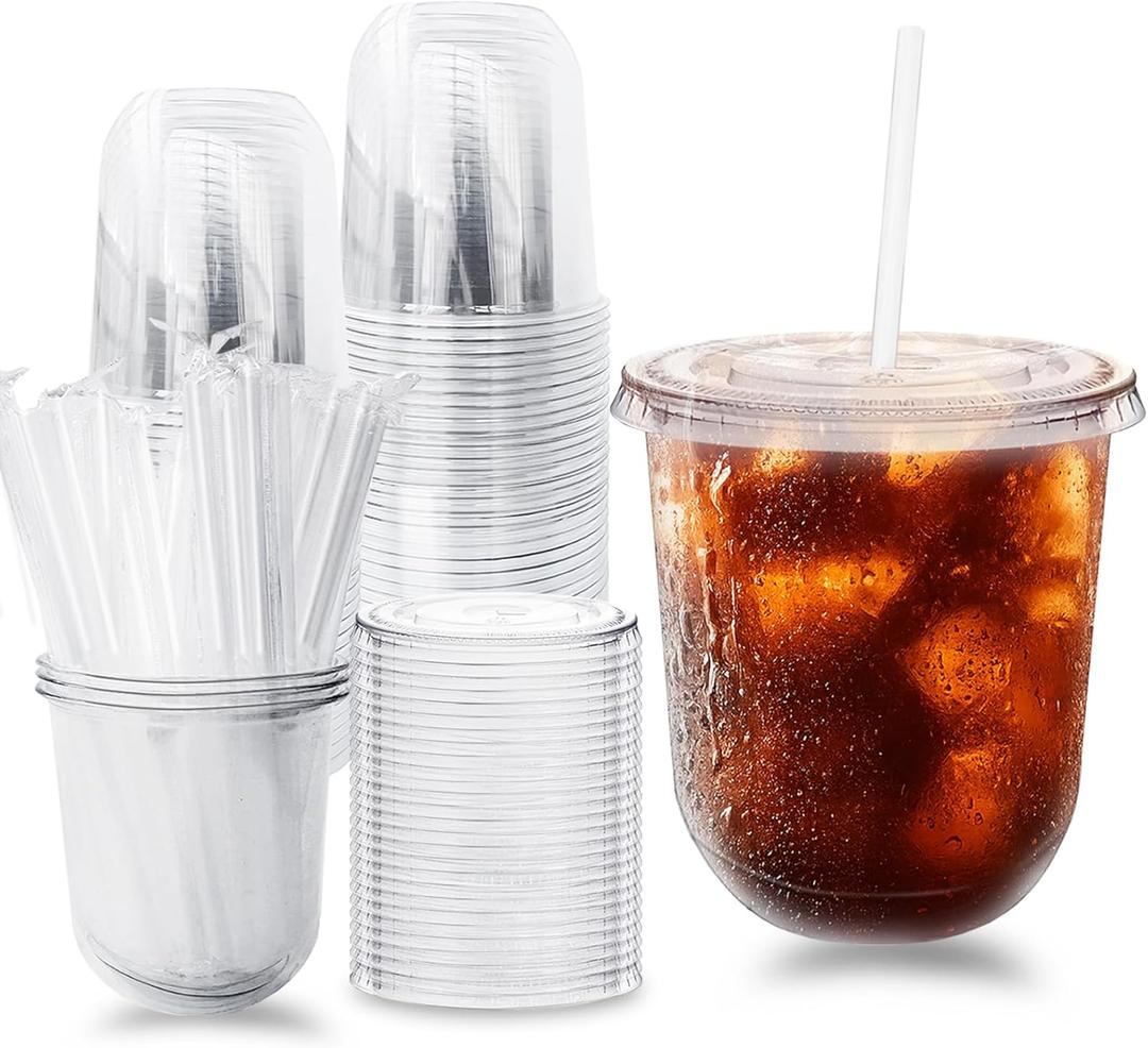 Alaeseje 50 Pack Clear Plastic Cups with Lids and Straws,12 oz Disposable Iced Coffee Cups,PET Crystal Cups,Round Bottom To Go Cup for Iced Coffee Juice Smoothie Cold Beverage