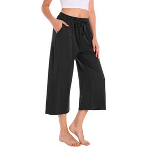 Annenmy Women's Capri Yoga Pants Wide Leg Gym Shorts Quick Dry Drawstring Pants Loose Workout Capris Sweatpants with Pockets (Large, Black)